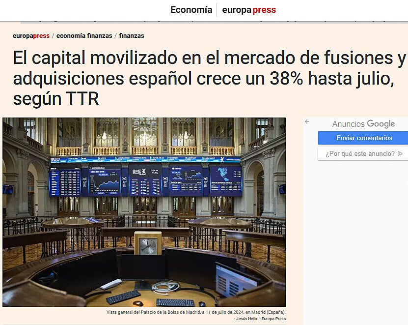 El capital movilizado en el mercado de fusiones y adquisiciones espaol crece un 38% hasta julio, segn TTR